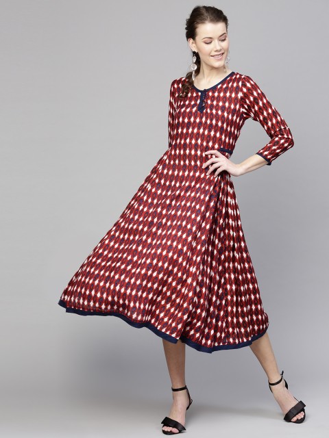 

SASSAFRAS Women Maroon Ikkat Print Maxi Dress