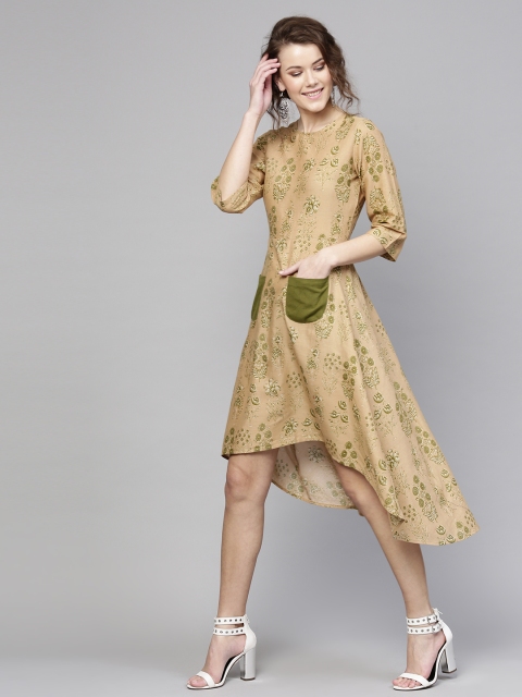 

SASSAFRAS Women Beige & Olive Green Printed A-Line Dress