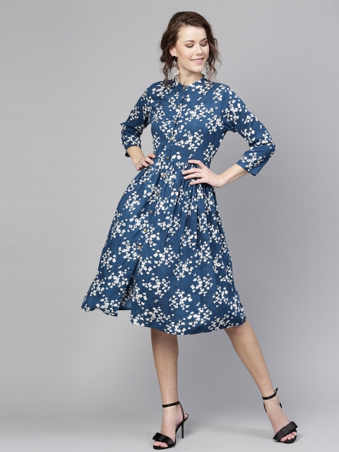 

SASSAFRAS Women Teal Blue & Off-White Floral Print A-Line Dress
