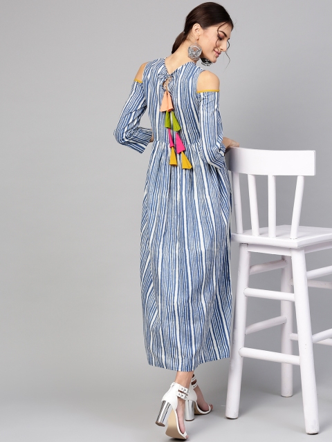 

SASSAFRAS Women Blue & Off-White Striped Maxi Dress