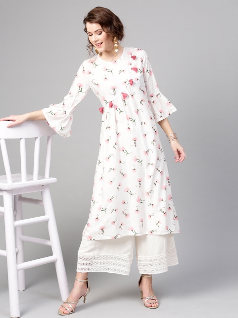 

SASSAFRAS Women White & Pink Printed A-Line Kurta