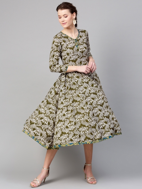 

SASSAFRAS Women Olive Green Printed A-Line Dress