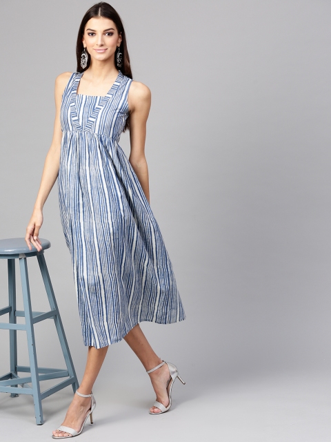 

SASSAFRAS Women Blue & White Striped Midi A-Line Dress