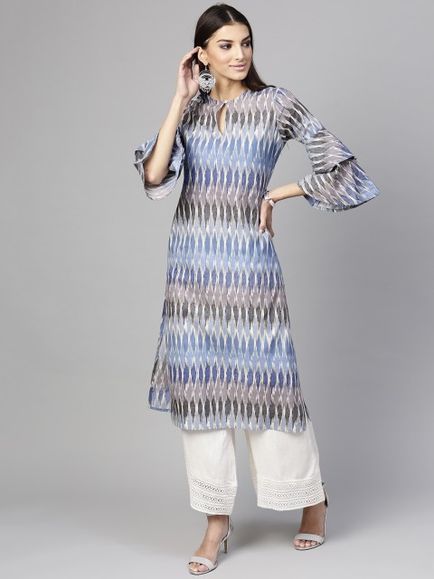 

SASSAFRAS Women Blue & Grey Printed Straight Kurta