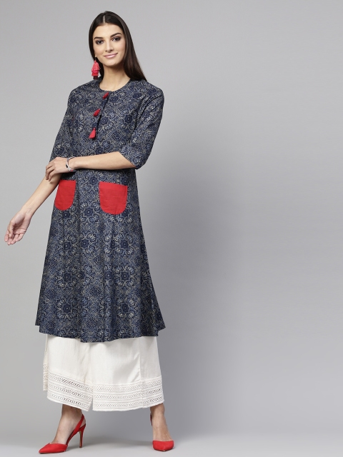 

SASSAFRAS Women Navy Blue Printed A-Line Kurta