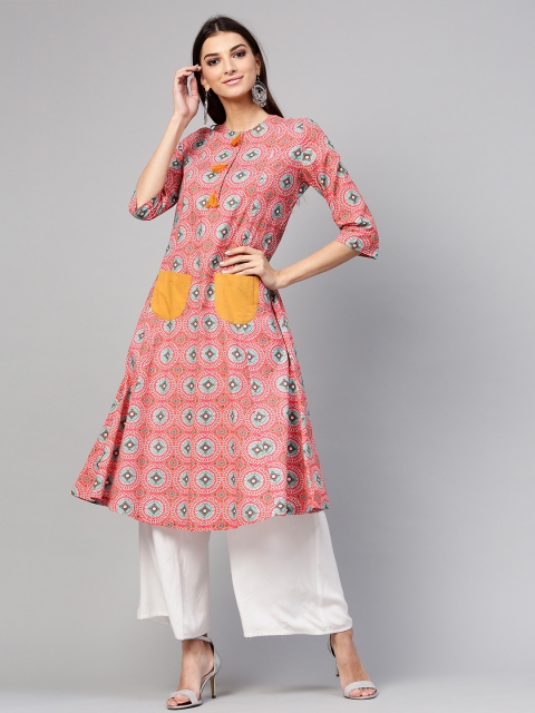 

SASSAFRAS Women Pink & Sea Green Printed A-Line Kurta