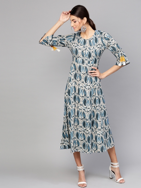 

SASSAFRAS Women Blue & Off-White Printed A-Line Dress