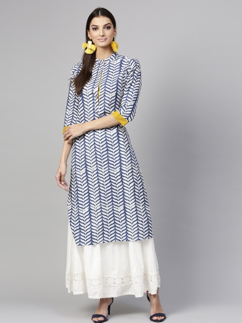 

SASSAFRAS Women Navy Blue & Off-White Printed Straight Kurta