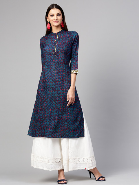 

SASSAFRAS Women Navy Blue & Maroon Printed Straight Kurta