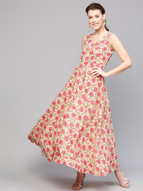 

SASSAFRAS Women Beige & Pink Printed Maxi Dress