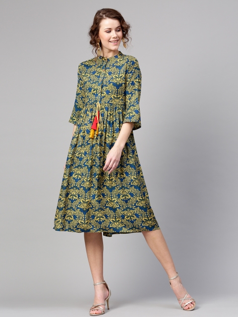 

SASSAFRAS Women Navy Blue & Mustard Yellow Printed A-Line Dress