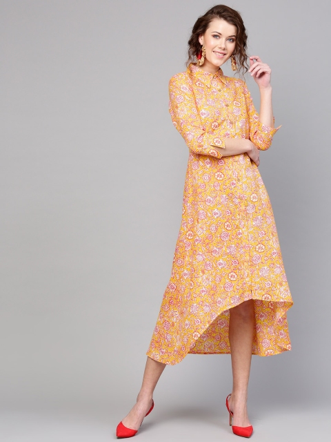 

SASSAFRAS Women Yellow & Pink Floral Print A-Line Dress