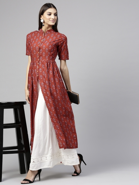 

SASSAFRAS Women Rust Red Printed High-Slit A-Line Kurta