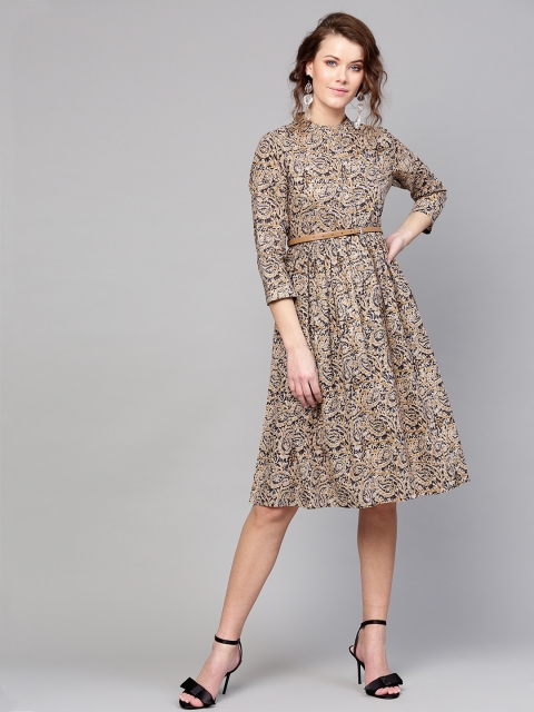 

SASSAFRAS Women Beige & Brown Printed A-Line Dress