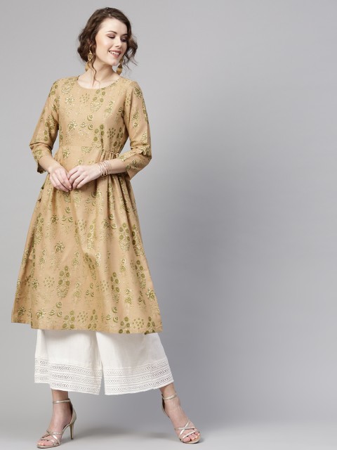 

SASSAFRAS Women Beige & Olive Green Printed A-Line Kurta