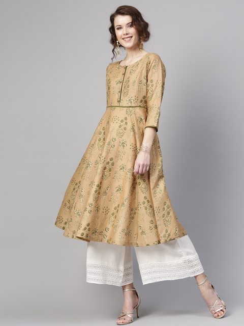 

SASSAFRAS Women Beige & Olive Green Printed A-Line Kurta