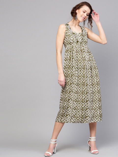 

SASSAFRAS Women Olive Green & Off-White Printed Empire Dress