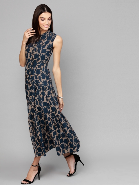 

SASSAFRAS Women Navy Blue & Beige Printed Midi A-Line Dress