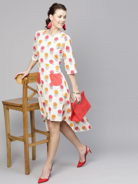 

SASSAFRAS Women Off-White & Pink Printed A-Line Dress