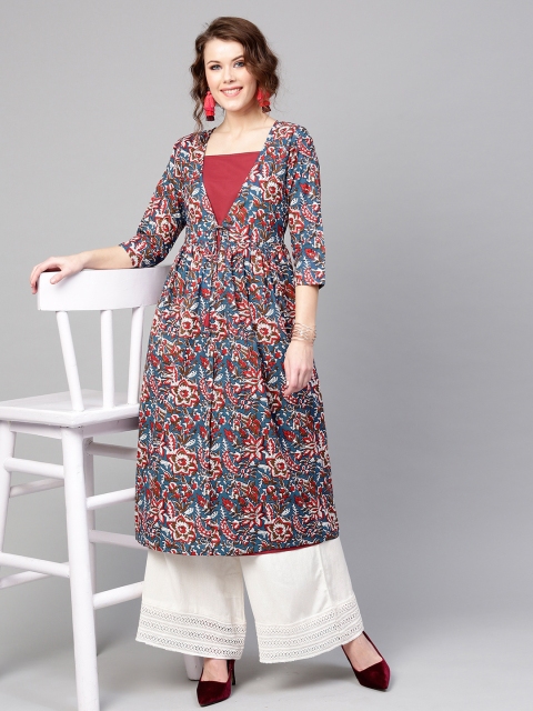 

SASSAFRAS Women Navy Blue & Red Printed Layered A-Line Kurta