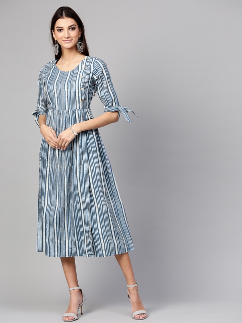 

SASSAFRAS Women Blue & White Striped Midi Wrap Dress