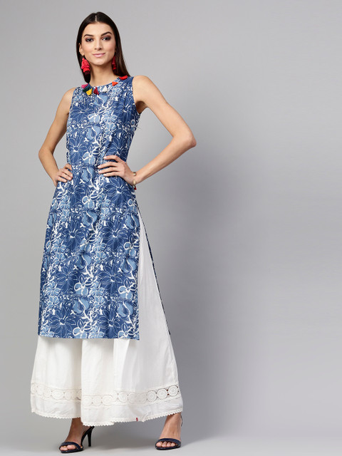 

SASSAFRAS Women Blue & Off-White Printed Straight Kurta