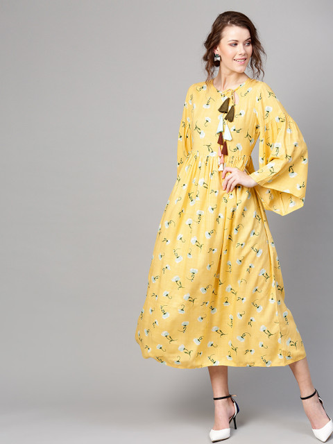 

SASSAFRAS Women Yellow & Green Printed A-Line Dress