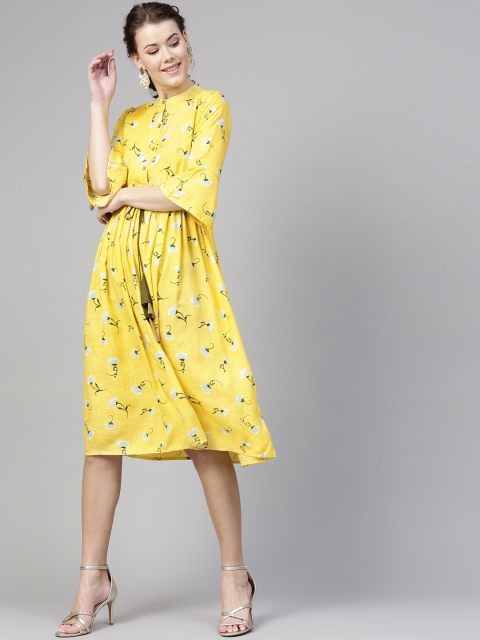 

SASSAFRAS Women Yellow Printed A-Line Dress