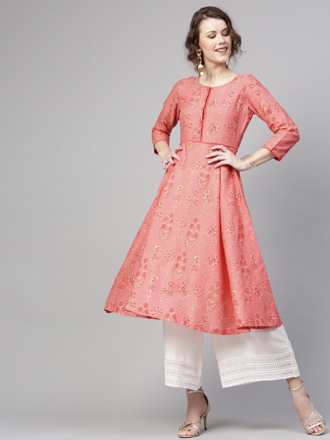 

SASSAFRAS Women Coral Pink & Beige Printed A-Line Kurta