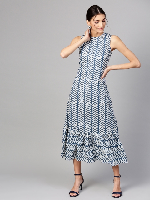 

SASSAFRAS Women Off-White & Blue Printed A-Line Dress