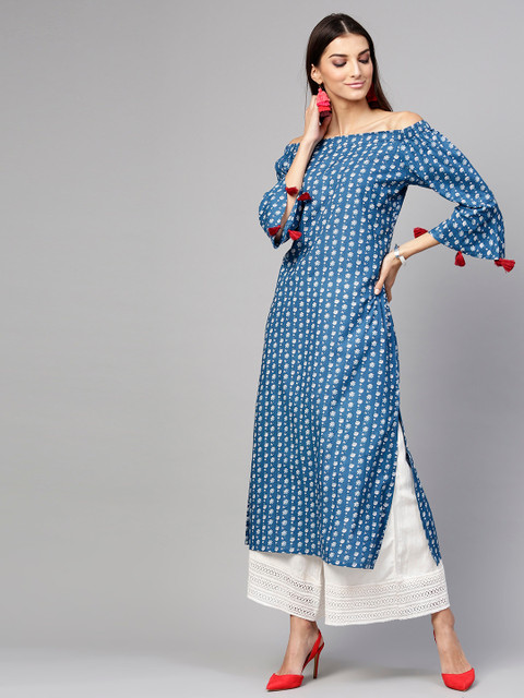 

SASSAFRAS Women Blue & Off-White Printed Straight Kurta