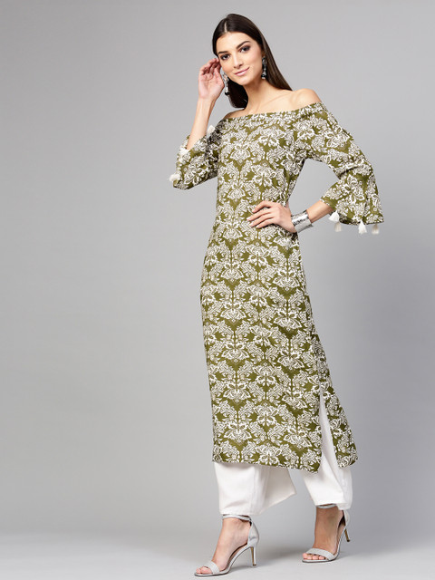 

SASSAFRAS Women Olive Green & White Printed A-line Kurta