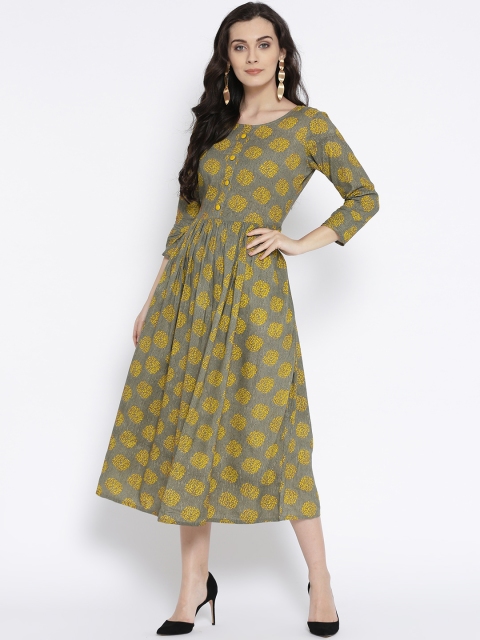 

Sringam Women Grey & Yellow Printed A-Line Dress