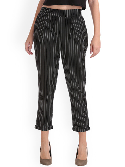 

Sugr Women Black & White Regular Fit Striped Regular Cropped Trousers