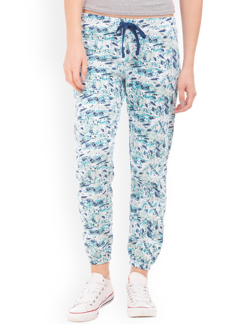 

Sugr Women White & Blue Regular Fit Printed Joggers