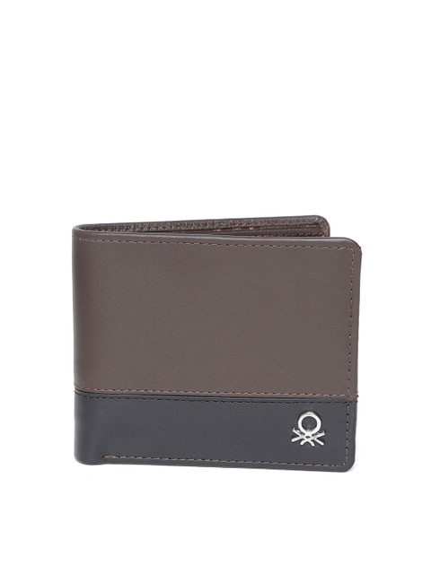 

United Colors of Benetton Men Coffee Brown & Black Colourblocked Leather Two Fold Wallet