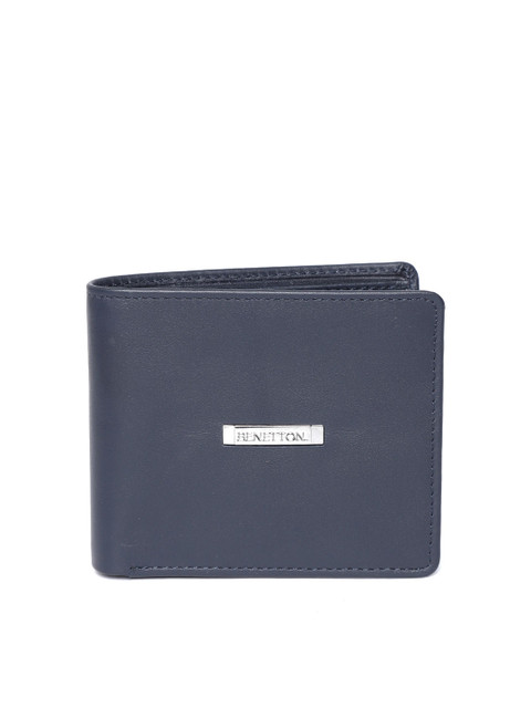 

United Colors of Benetton Men Navy Blue Solid Leather Two Fold Wallet