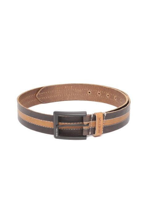 

United Colors of Benetton Men Camel Brown & Charcoal Grey Colourblocked Leather Belt