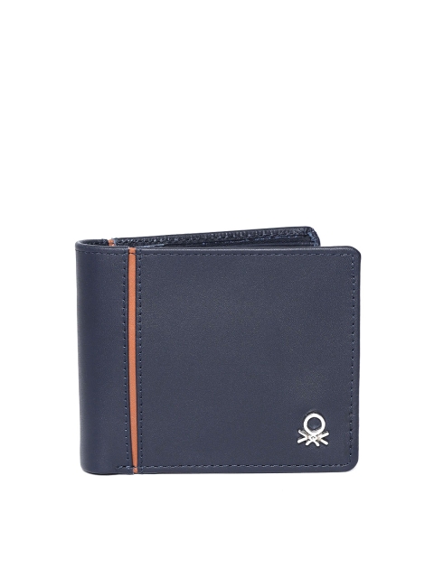 

United Colors of Benetton Men Navy Blue Solid Leather Two Fold Wallet