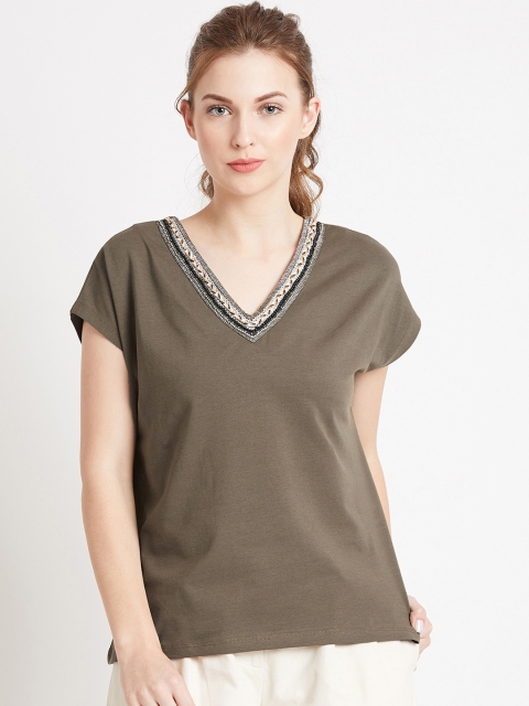 

COVER STORY Women Olive Green Solid Styled Back Top