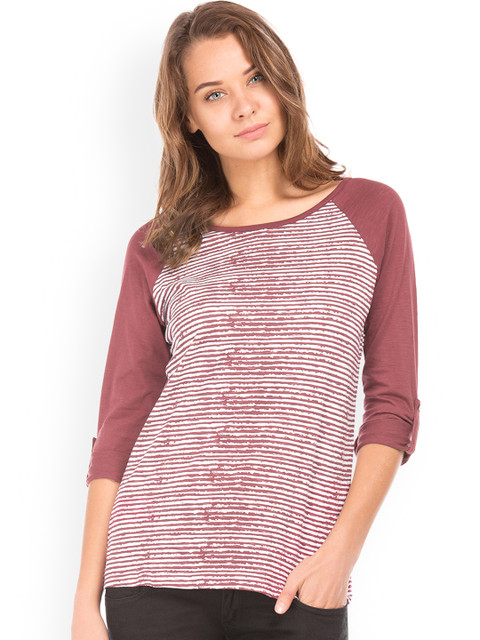 

Cherokee Women Burgundy Striped Round Neck T-shirt