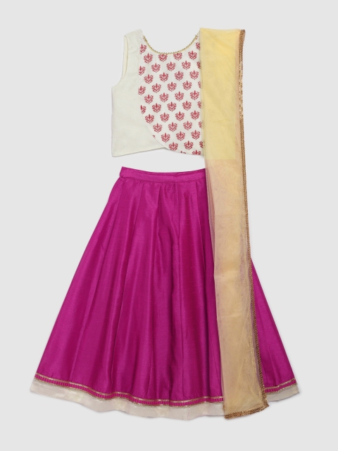 

YK Girls Off-White & Pink Embellished Ready to Wear Lehenga & Blouse with Dupatta