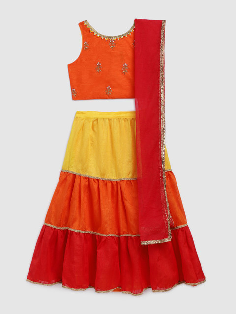 

YK Girls Orange & Red Solid Ready to Wear Lehenga & Blouse with Dupatta