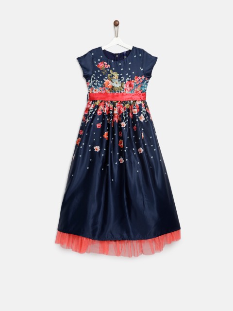 

YK Girls Navy Blue Floral Printed Fit and Flare Dress