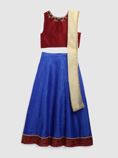 

YK Girls Maroon & Blue Solid Ready to Wear Lehenga & Blouse with Dupatta