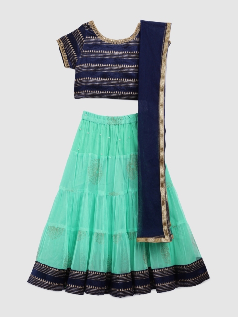 

YK Girls Navy Blue & Sea Green Embellished Ready to Wear Lehenga & Blouse with Dupatta