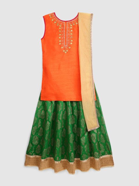 

YK Girls Orange & Green Embellished Ready to Wear Lehenga & Blouse with Dupatta