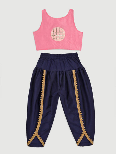 

YK Girls Pink & Navy Blue Solid Crop Top with Salwar