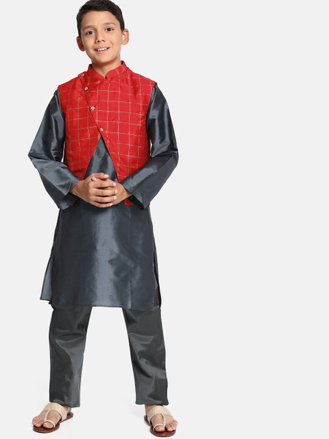 

YK Boys Grey Solid Kurta Set with Nehru Jacket