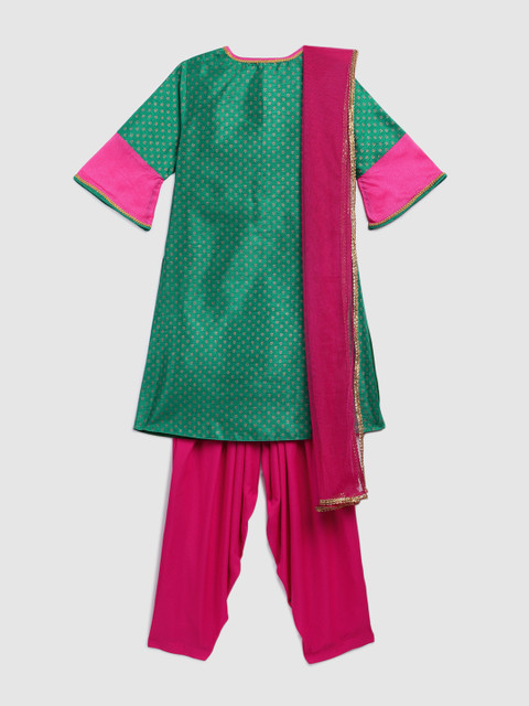 

YK Girls Green & Pink Printed Kurta with Patiala & Dupatta